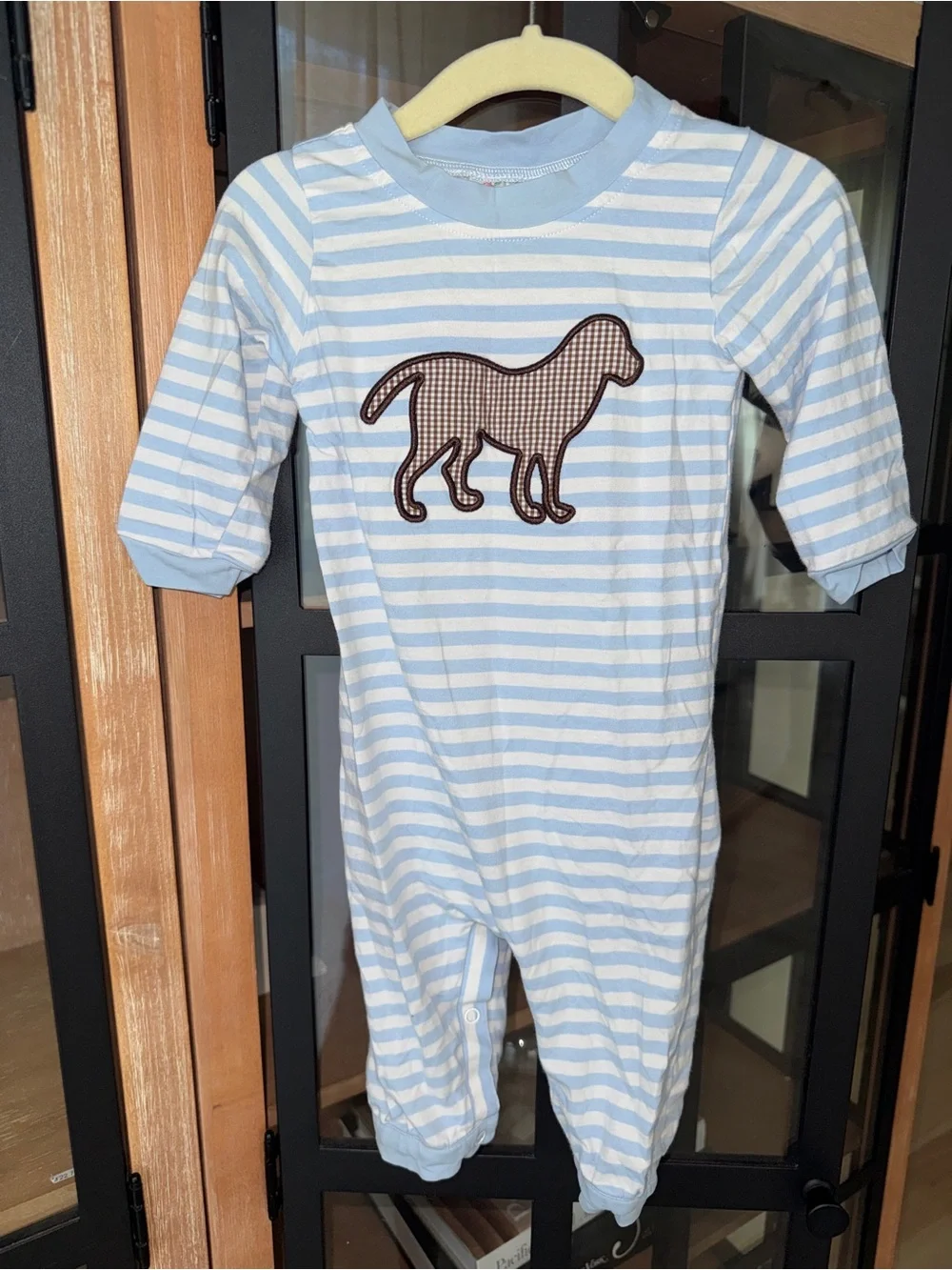 Cecil & Lou dog coverall romper lab puppy chocolate striped baby boy applique